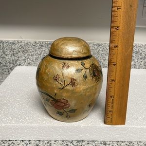 Vintage Solid Brass Ginger Jar Vase, Lid Included. Painted Flowers around Jar